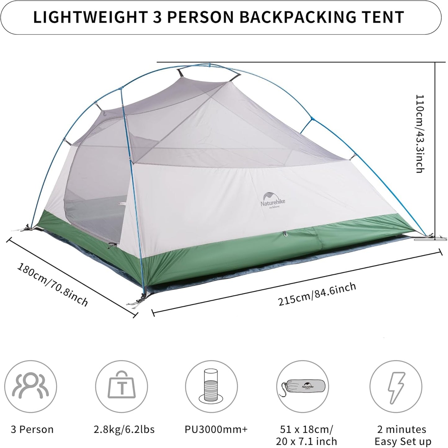 Camping Tent Waterproof Professional Tent Ultralight Trekking Tent 4 Seasons Tent 3 People Outdoor Camping Lightweight Tent Backpacking Cycling Hiking | with Footprint, Free Standing, Dome, Camping, Hiking, Waterproof
